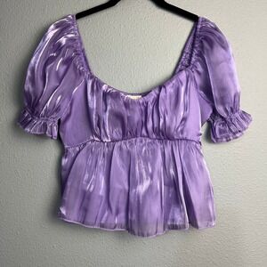 Thirty Thirty LA Purple Metallic Puff‎ Sleeve Peplum Milkmaid Satin Top Size L
